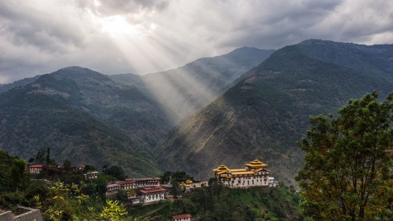 dzong covered with trees and sunrise