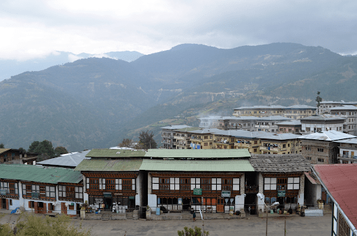 Bhutanese traditional house with green roof