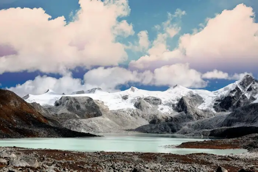 Green lake in snow mountain in bhutan