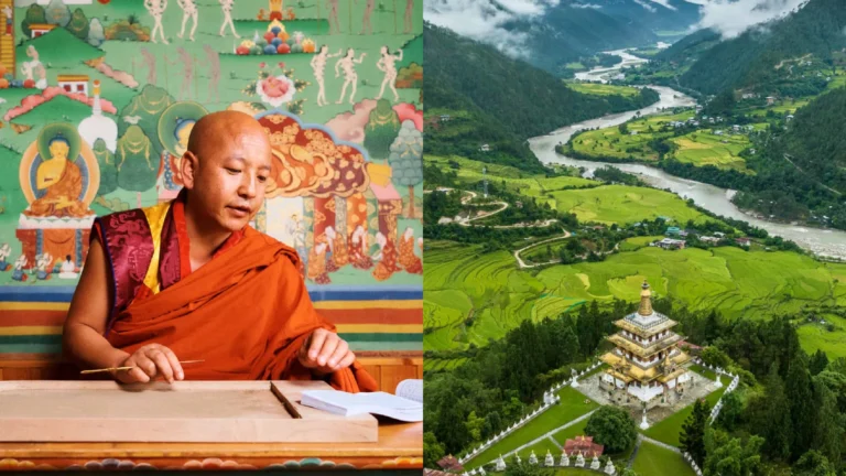 Buddhist monk studying beside a panoramic view of Bhutanese farmland and a stupa