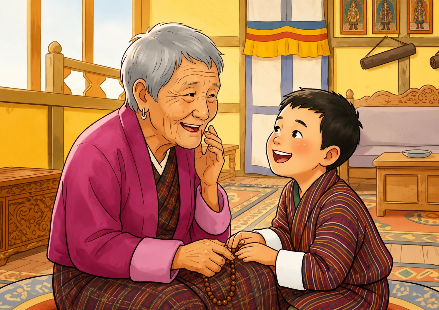 Elderly Bhutanese woman teaching a child traditional knowledge at home