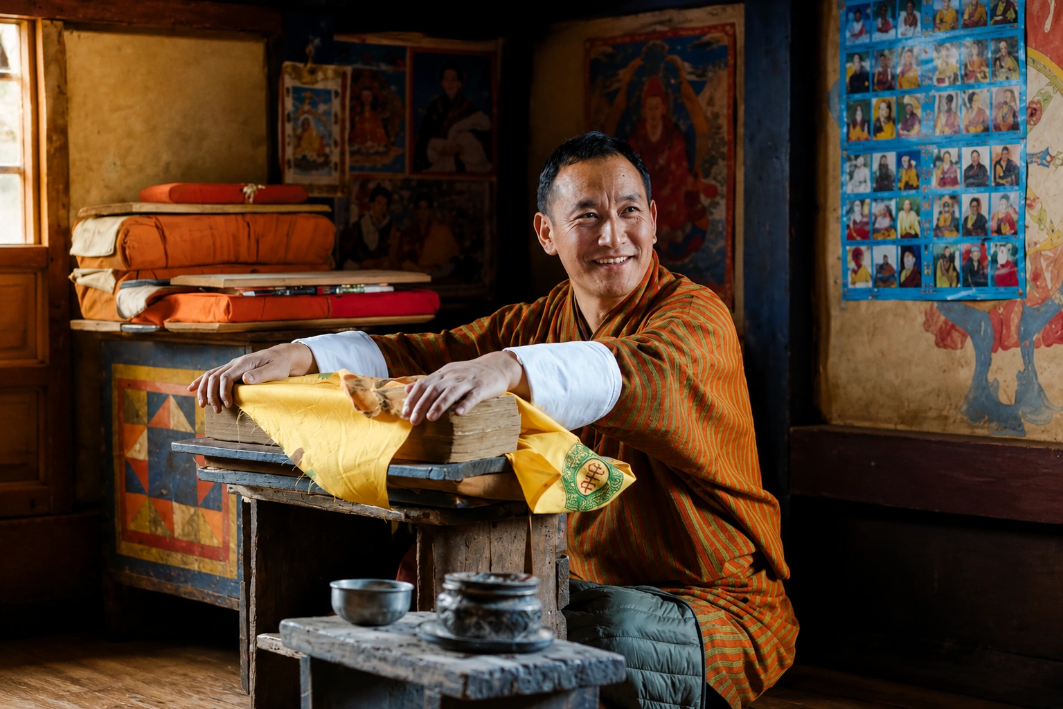 Bhutanese man in a traditional gho reading Buddhist texts indoors