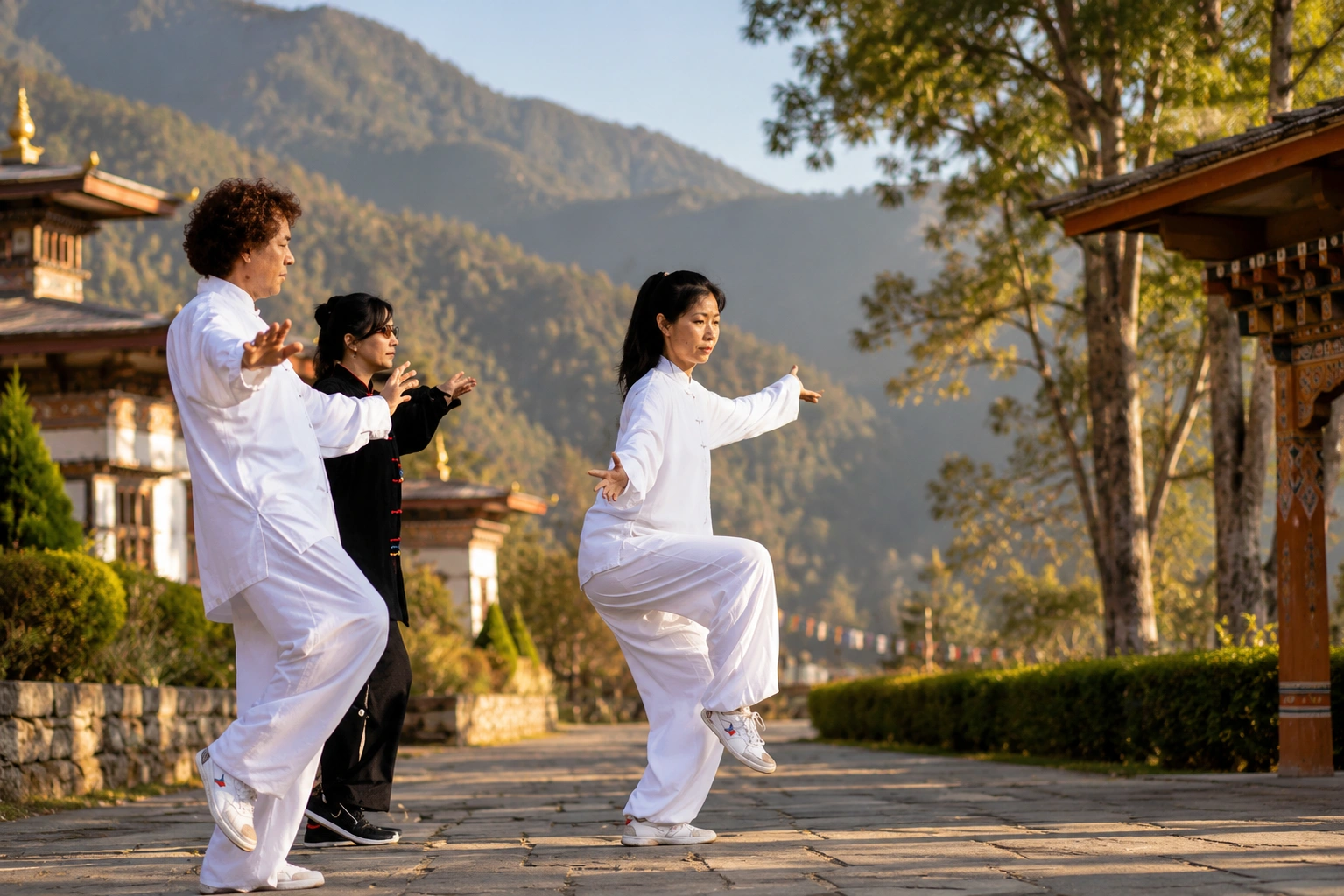 People practicing Tai Chi outdoors in a Bhutanese mountain setting